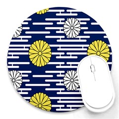 Sunflower Line Blue Yellpw Round Mousepads by Mariart