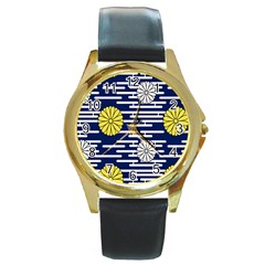 Sunflower Line Blue Yellpw Round Gold Metal Watch by Mariart