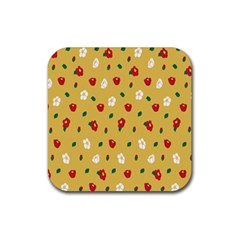 Tulip Sunflower Sakura Flower Floral Red White Leaf Green Rubber Coaster (square)  by Mariart