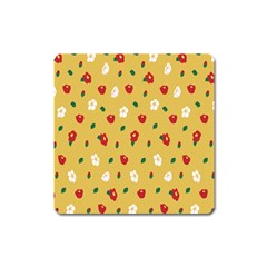 Tulip Sunflower Sakura Flower Floral Red White Leaf Green Square Magnet by Mariart