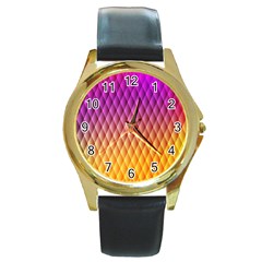 Triangle Plaid Chevron Wave Pink Purple Yellow Rainbow Round Gold Metal Watch by Mariart