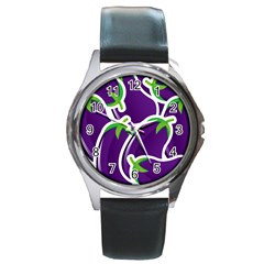 Vegetable Eggplant Purple Green Round Metal Watch