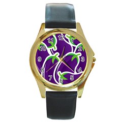 Vegetable Eggplant Purple Green Round Gold Metal Watch