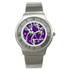 Vegetable Eggplant Purple Green Stainless Steel Watch