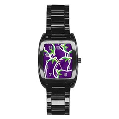 Vegetable Eggplant Purple Green Stainless Steel Barrel Watch