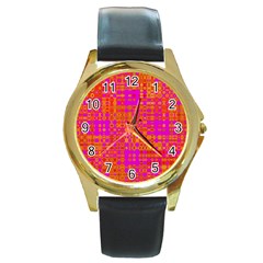 Pink Orange Bright Abstract Round Gold Metal Watch by Nexatart