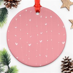 Pink Background With White Hearts On Lines Round Ornament (two Sides)