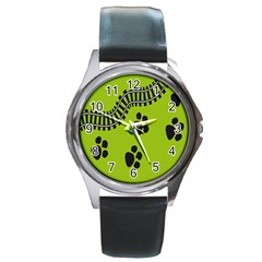 Green Prints Next To Track Round Metal Watch by Nexatart