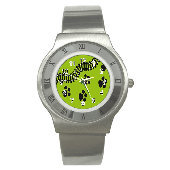 Green Prints Next To Track Stainless Steel Watch