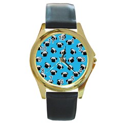 Pug Dog Pattern Round Gold Metal Watch by Valentinaart