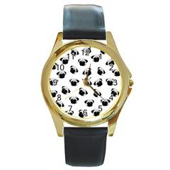 Pug Dog Pattern Round Gold Metal Watch by Valentinaart