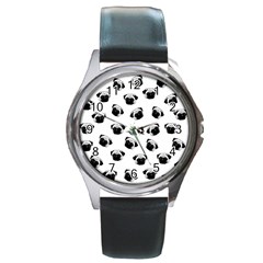 Pug Dog Pattern Round Metal Watch by Valentinaart