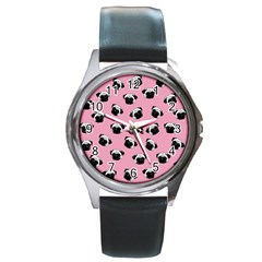 Pug Dog Pattern Round Metal Watch by Valentinaart