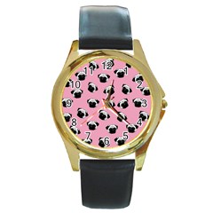 Pug Dog Pattern Round Gold Metal Watch by Valentinaart