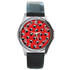 Pug Dog Pattern Round Metal Watch by Valentinaart