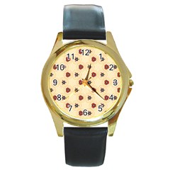 Orange Flowers Pattern         Round Gold Metal Watch by LalyLauraFLM