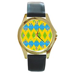 Rhombus Pattern           Round Gold Metal Watch by LalyLauraFLM