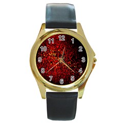 Red Particles Background Round Gold Metal Watch by Nexatart