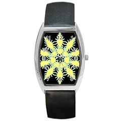 Yellow Snowflake Icon Graphic On Black Background Barrel Style Metal Watch by Nexatart