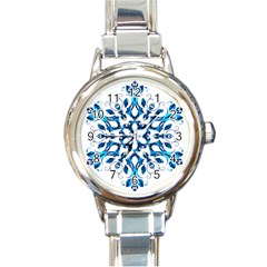 Blue Snowflake On Black Background Round Italian Charm Watch by Nexatart