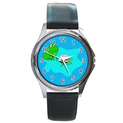 Frog Flower Lilypad Lily Pad Water Round Metal Watch by Nexatart