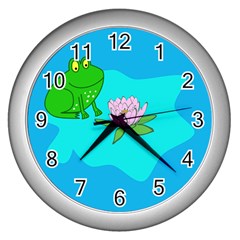 Frog Flower Lilypad Lily Pad Water Wall Clocks (silver)  by Nexatart