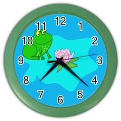 Frog Flower Lilypad Lily Pad Water Color Wall Clocks by Nexatart