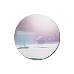 Winter Day Pink Mood Cottages Rubber Round Coaster (4 Pack)  by Nexatart