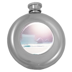 Winter Day Pink Mood Cottages Round Hip Flask (5 Oz) by Nexatart