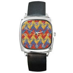 Aztec South American Pattern Zig Zag Square Metal Watch by Nexatart