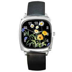 Flowers Of The Field Square Metal Watch by Nexatart