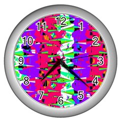 Colorful Glitch Pattern Design Wall Clocks (silver)  by dflcprints