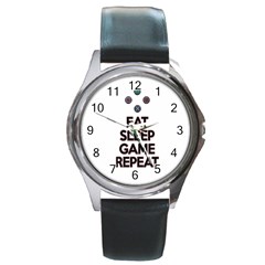 Eat sleep game repeat Round Metal Watch