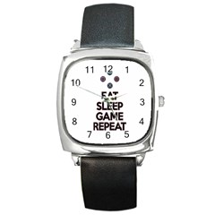 Eat sleep game repeat Square Metal Watch