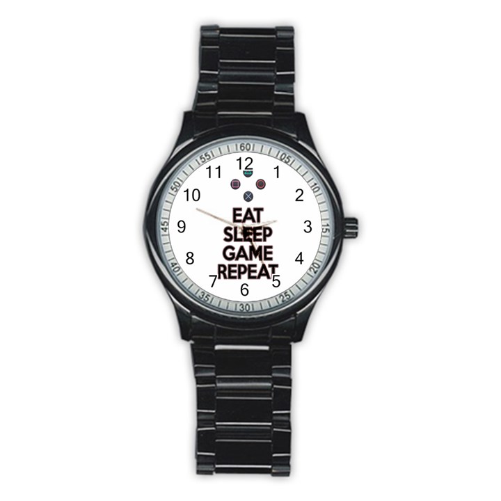 Eat sleep game repeat Stainless Steel Round Watch