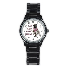 Eat, Sleep, Bark, Repeat Pug Stainless Steel Round Watch by Valentinaart