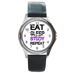 Eat sleep study repeat Round Metal Watch