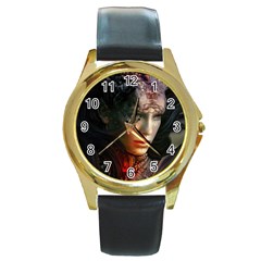 Digital Fantasy Girl Art Round Gold Metal Watch