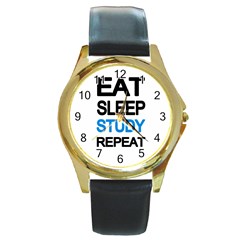 Eat Sleep Study Repeat Round Gold Metal Watch by Valentinaart