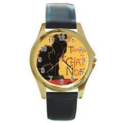 Black Cat Round Gold Metal Watch by Valentinaart