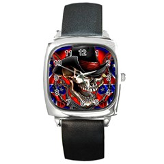 Confederate Flag Usa America United States Csa Civil War Rebel Dixie Military Poster Skull Square Metal Watch