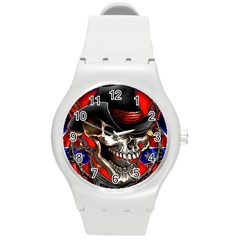 Confederate Flag Usa America United States Csa Civil War Rebel Dixie Military Poster Skull Round Plastic Sport Watch (M)