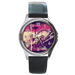 Pink City Retro Vintage Futurism Art Round Metal Watch