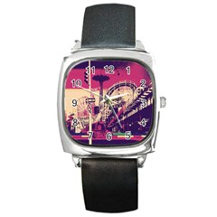 Pink City Retro Vintage Futurism Art Square Metal Watch