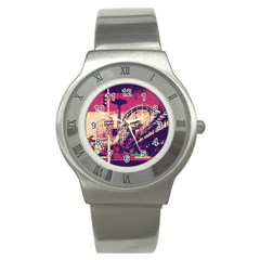 Pink City Retro Vintage Futurism Art Stainless Steel Watch