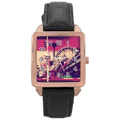 Pink City Retro Vintage Futurism Art Rose Gold Leather Watch 