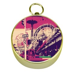 Pink City Retro Vintage Futurism Art Gold Compasses