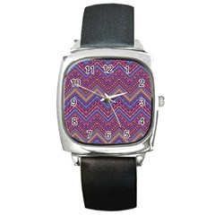 Colorful Ethnic Background With Zig Zag Pattern Design Square Metal Watch by TastefulDesigns