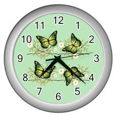 Four Green Butterflies Wall Clocks (silver)  by linceazul