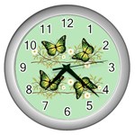 Four green butterflies Wall Clocks (Silver)  Front